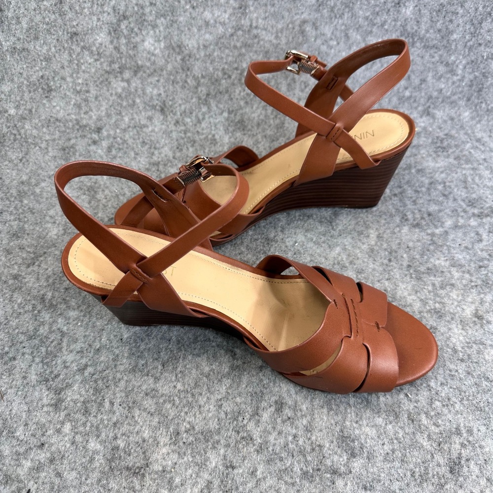 Nine West Womens Cognac Brown Wedge Sandals Ankle Strap Open Toe Heels - Picture 6 of 11